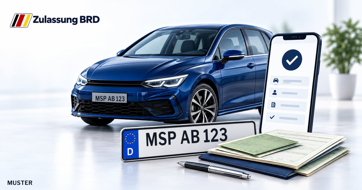 Online Fahrzeugzulassung in Lohr a. Main: Musterkennzeichen MSP AB 123, Auto und Fahrzeugpapiere und Smartphone. Illustration mit Logo von Zulassung BRD.